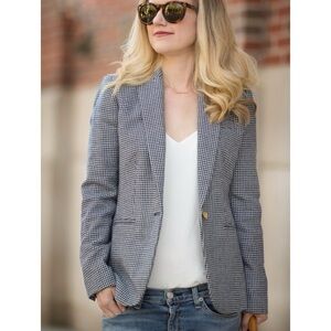 J.Crew Size 8 Campbell Blazer Houndstooth Jacket Gold Button Wool Navy Blue